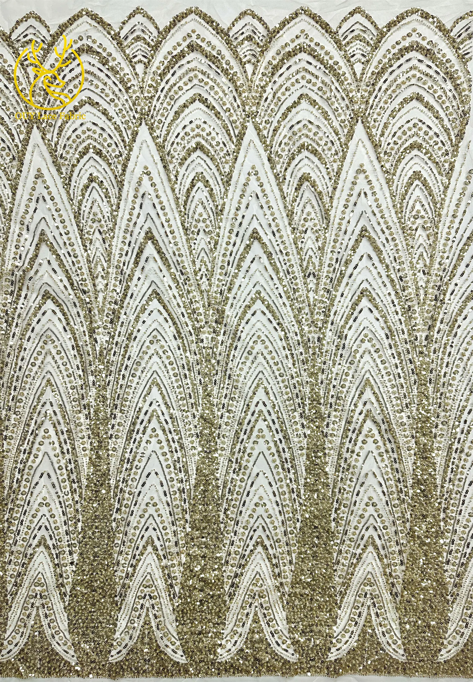 Luxuriöser Goldener Afrikanischer Bräutigam-Spitzenstoff mit Stickerei und Perlen, 5 Meter Französischer Tüll-Spitzenstoff für Nigerianische Hochzeitskleider – Detail 9