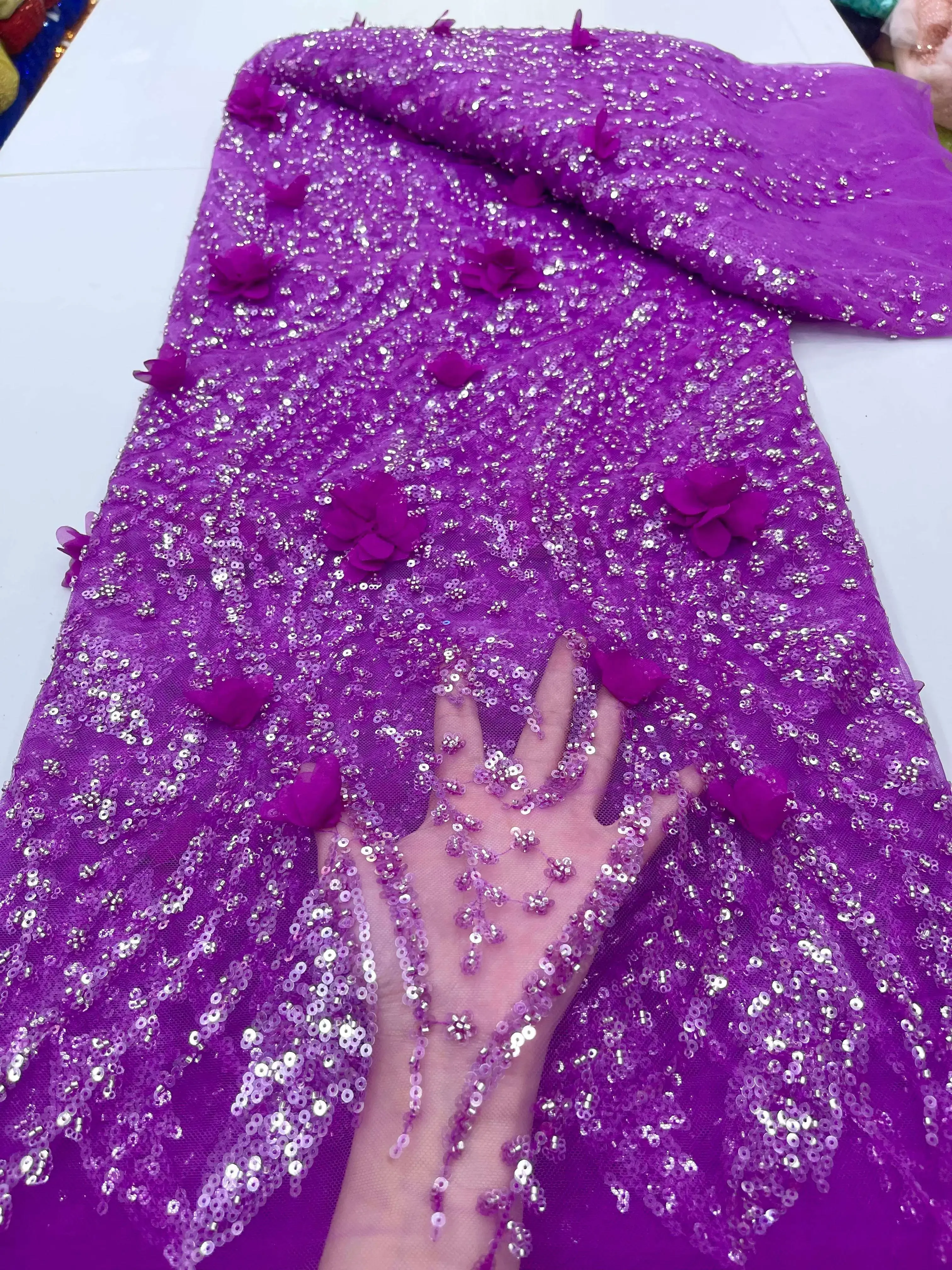 

High Quality Nigerian Latest 3D Flower Embroidery Beads Sequins African Lace Fabric 5 YardsWomen Wedding French Material AH1467