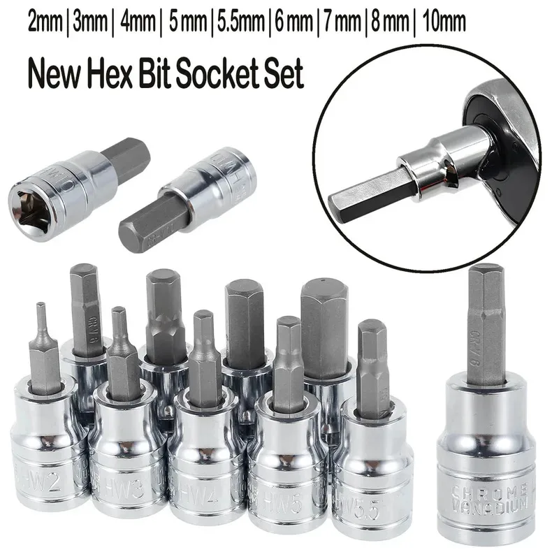 9/10Pcs Hex Socket Set Sturdy H e x Key Socket Professional3/8inch Drive Drill Bit Metric Tool Set Durable Impact Socket Set