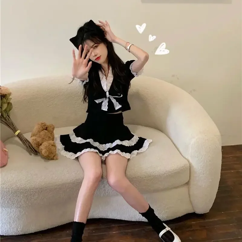 2pcs Sets Women Sweet Kawaii Summer Short-sleeve Preppy Style Chic T-shirts Ruffles Designed Mini Skirts Ulzzang Fashion OOTD