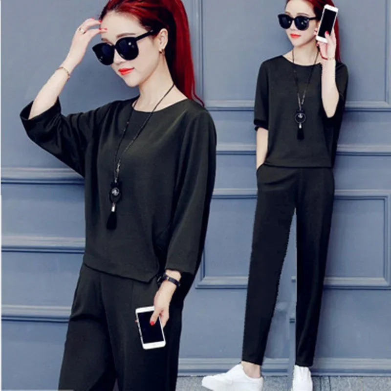 

Women's Spring and Autumn Sweat Suits Matching 2025 New Korean Style Crop Tops Pencil Pants 2 Two Peice Sets Plus Size Clothing
