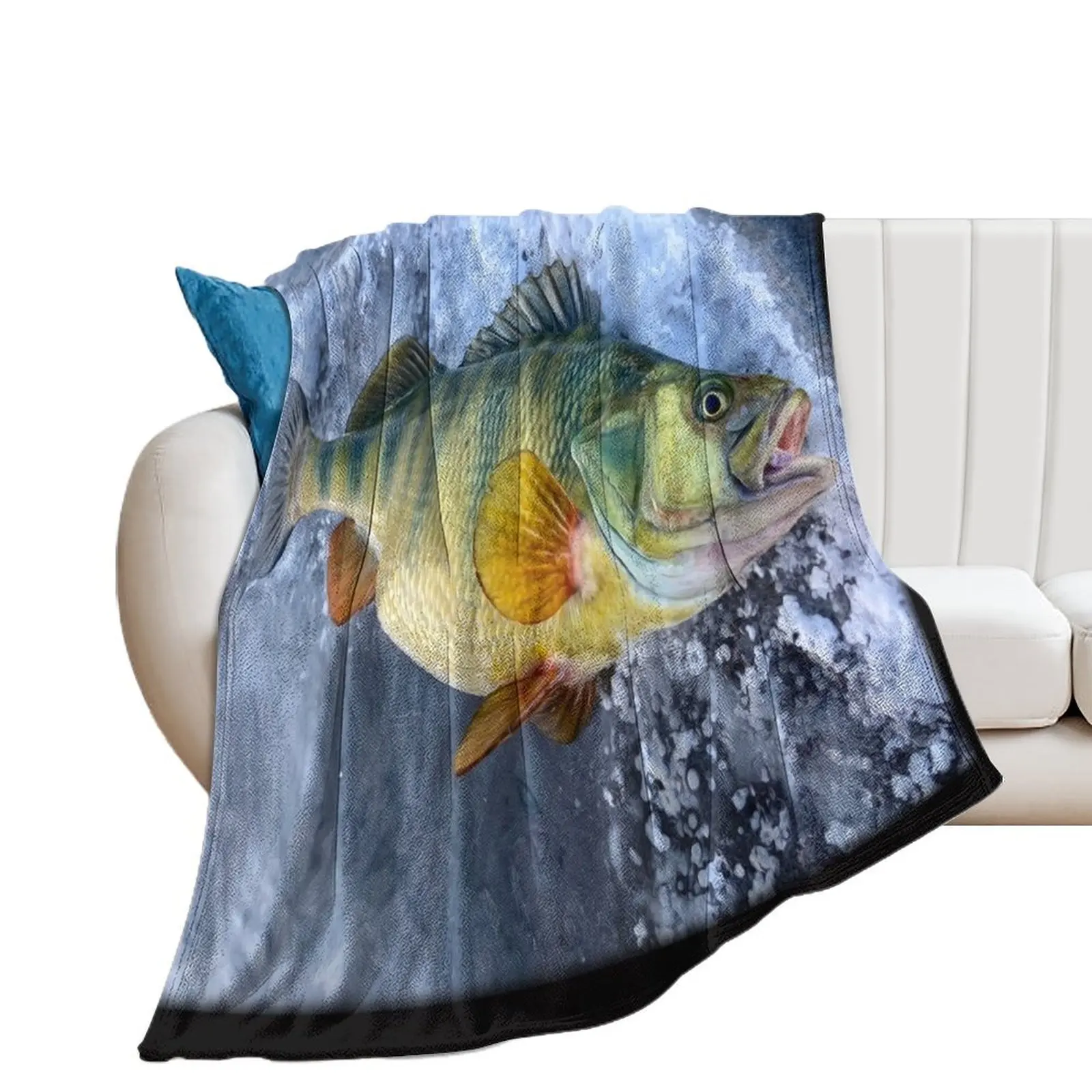 Ice Fishing, Jumbo Yellow Perch, Original Painting Throw Blanket Thermal Decorative Throw Cute Plaid Blankets