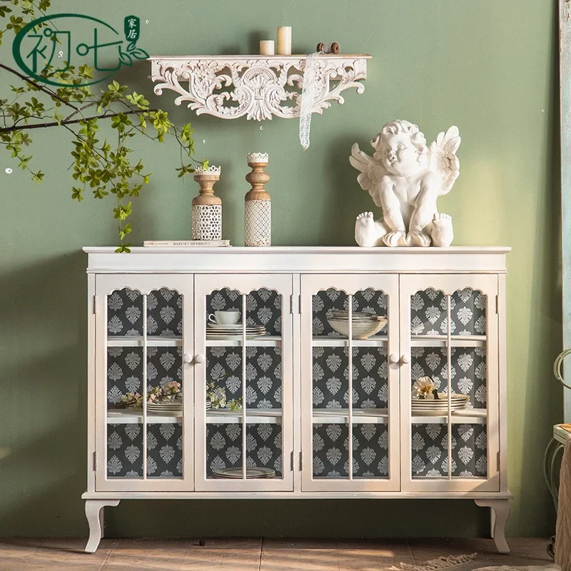 

French Vintage Living Room Cabinet Sideboard Buffet Console Cabinet Coffee Bar Storage with Rattan Decorated Comodas Con Cajones
