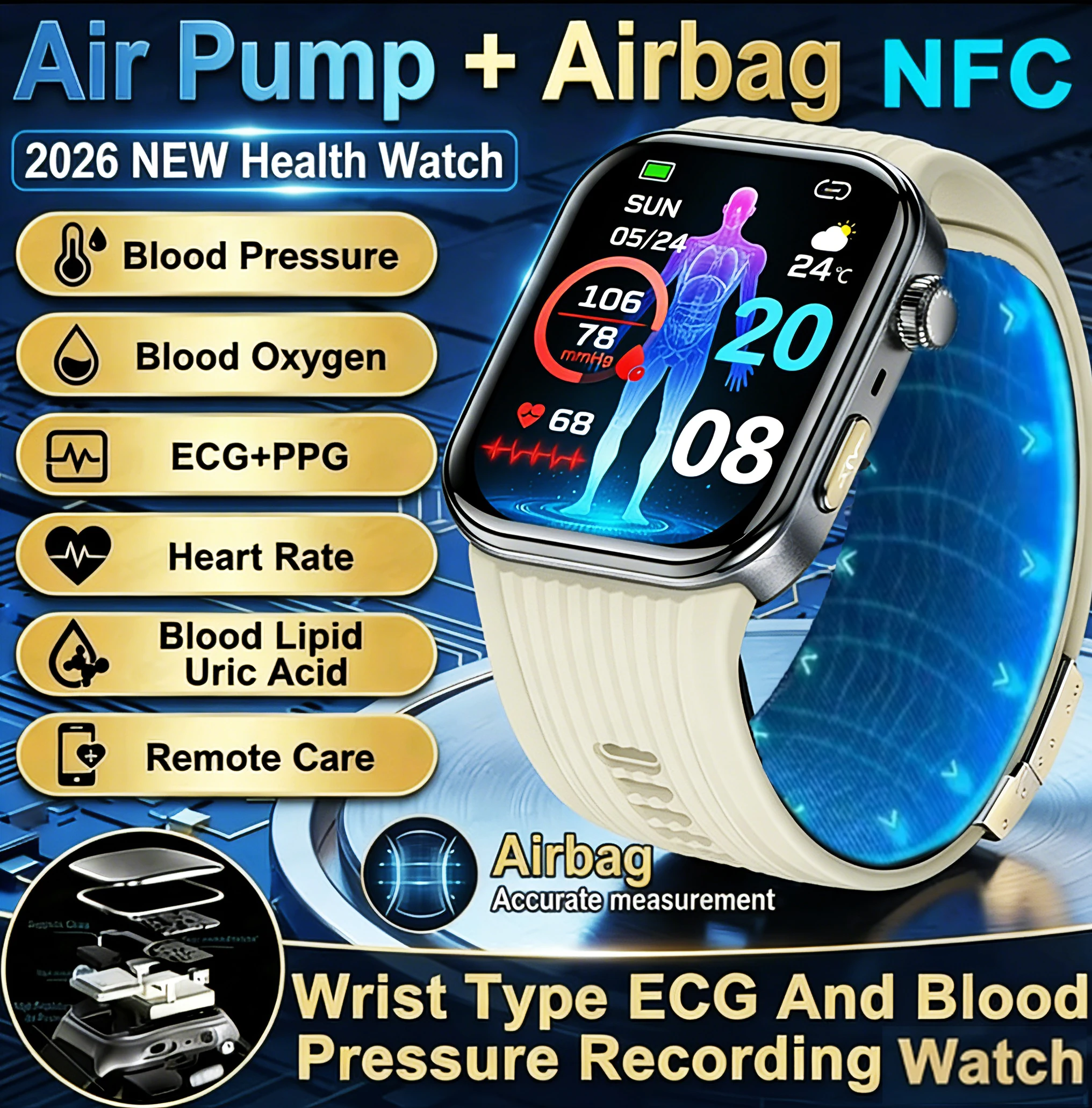 

Новые умные часы 2026 года с улучшенной технологией: измерение артериального давления с помощью воздушной помпы и подушки безопасности, ЭКГ, ВСР, липиды, мочевая кислота, ИИ-диагностика, NFC