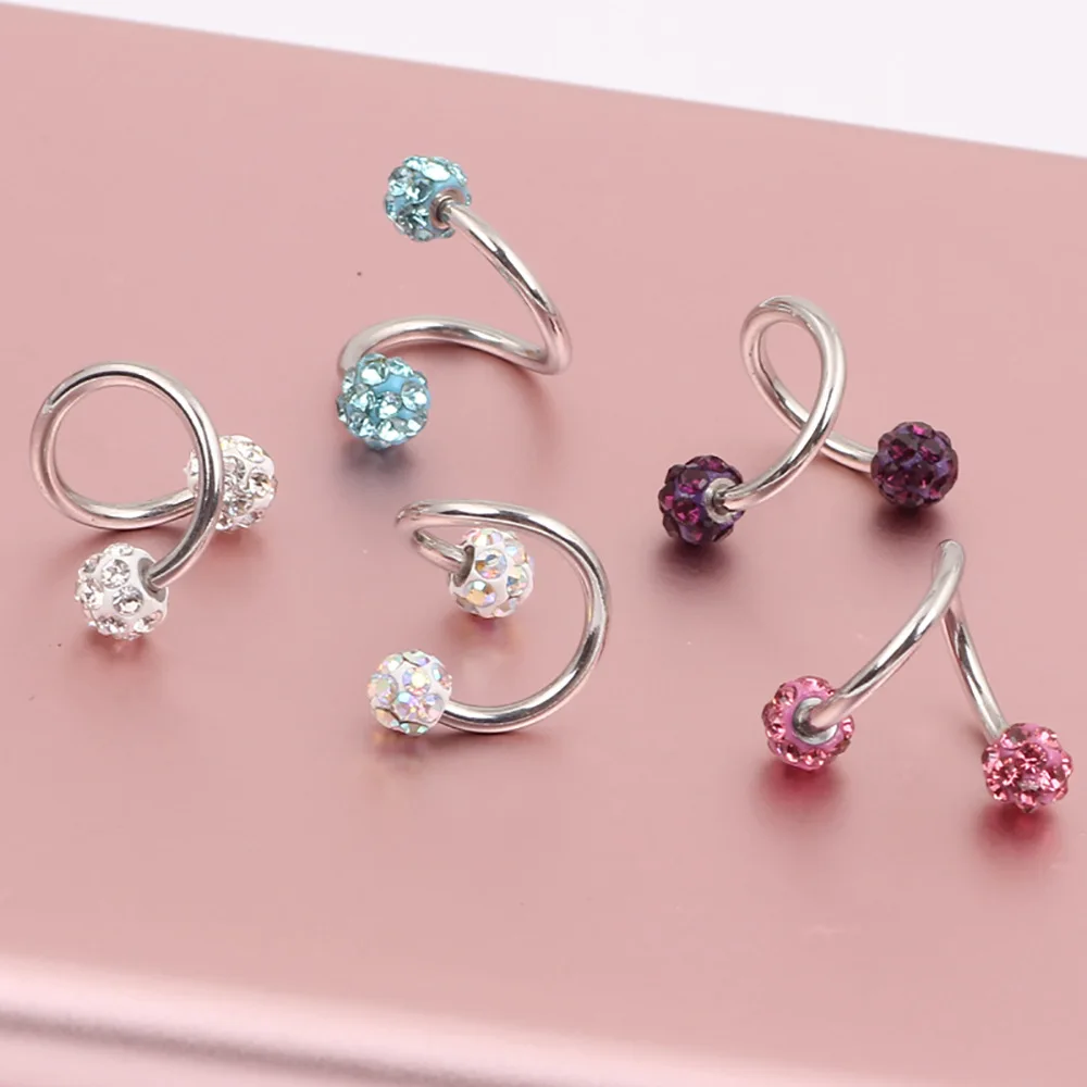 1PCS Stainless Steel Crystal Twist Helix Earring Cartilage Jewelry S Shape Labret Piercing Lip Ring Twist Tragus Earring Stud