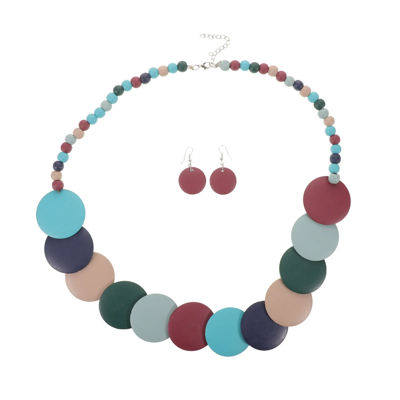 1Set Bohemian Necklace and Earring Set for Women Colorful Big Bead Necklace Boho Chunky Beaded Jewelry Vintage Ethnic Style Boho