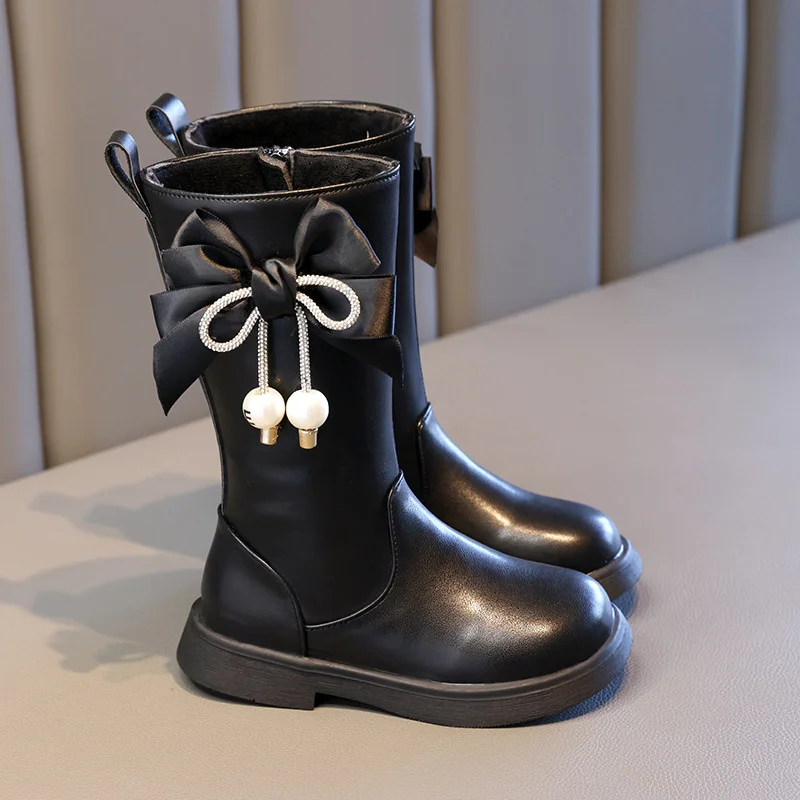 2023 Autumn Winter Girls Versatile Black Bow Tassels Pearls Children Mid-calf Boots for Catwalk Zipper Casual Warm Boots