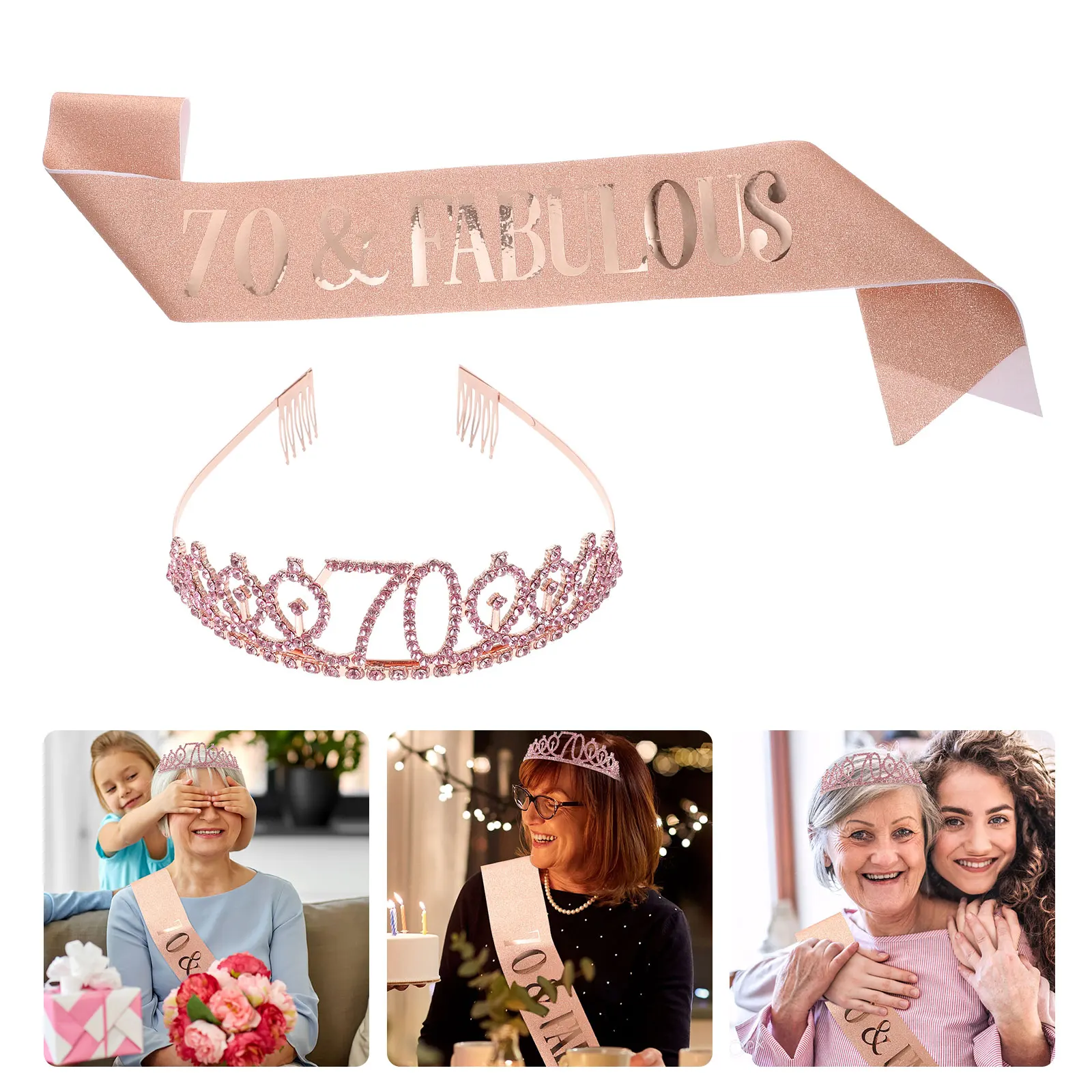

1 set 1 Set Rhinestone Tiara Birthday Decorations 70Th Party Sash Women Glitter Crown Ornament Gift For Ladies 70 Years Old