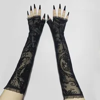 Halloween Women Black Sexy Skeleton Cross Flowers Lace Long Gloves Elasticity Transparent Mesh Lolita Punk Cosplay Short Gloves 2