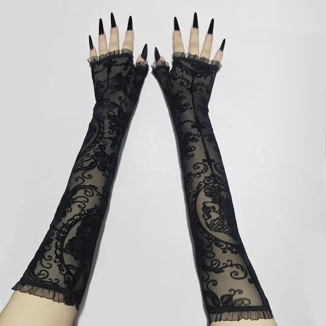 Halloween Women Black Sexy Skeleton Cross Flowers Lace Long Gloves Elasticity Transparent Mesh Lolita Punk Cosplay Short Gloves 2 Halloween Women Black Sexy Skeleton Cross Flowers Lace Long Gloves Elasticity Transparent Mesh Lolita Punk Cosplay Short Gloves 2