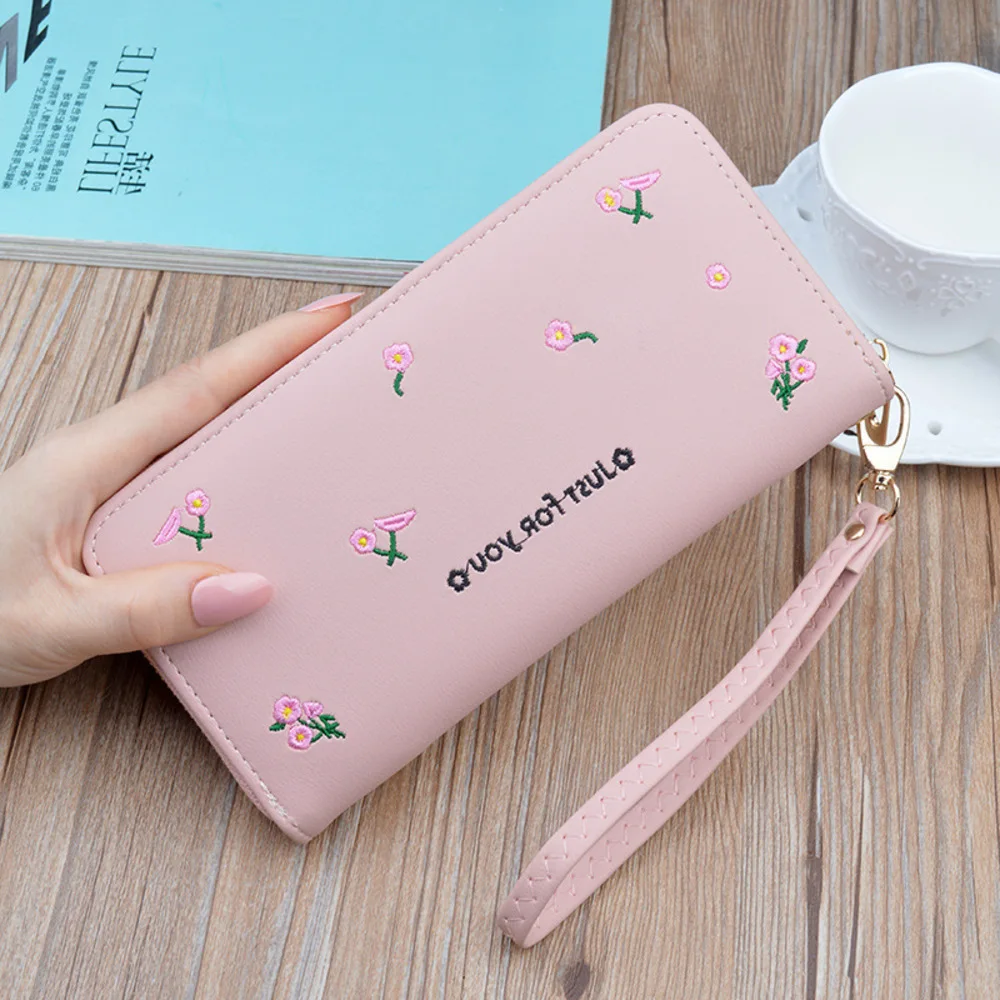 

Minimalist Pink Long Wallet For Women Durable Card Case With Floral Embroidery & Wrist Strap Detail