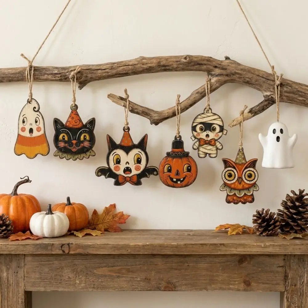 Vintage Style Halloween Pumpkin Ghost Pendant Trick or Treat Distressed Painted Wooden Black Cat Ornament Cartoon with Rope