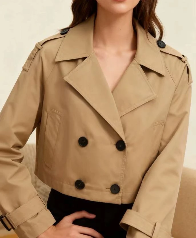 Women's Double Breasted Short Windbreaker Jacket Versatile and Fashionable