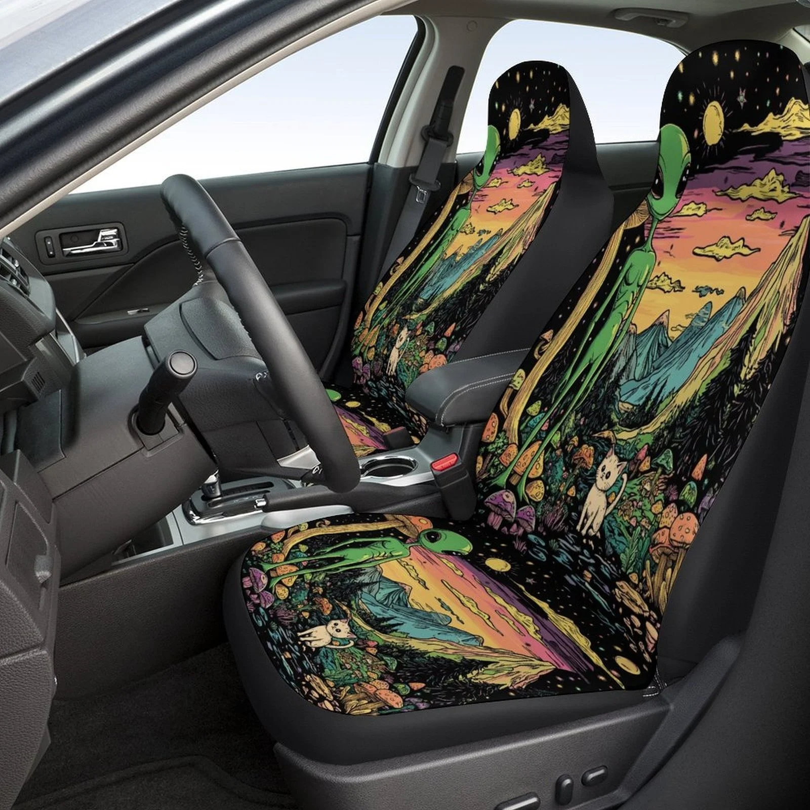 Alien And Cat In Mushroom Forest Themed Car Seat Cover Set For Most Cars, Fashion Novelty Car Seat Protector Covers Full Set, Un