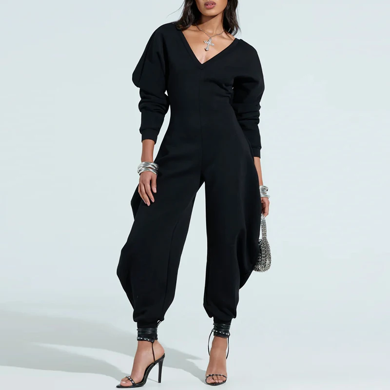 Sexy Deep V-neck Hight Waist Solid Jumpsuits Spring Lady Casual Long Sleeve Long Rompers Summer Elegant Commute Sport Playsuits