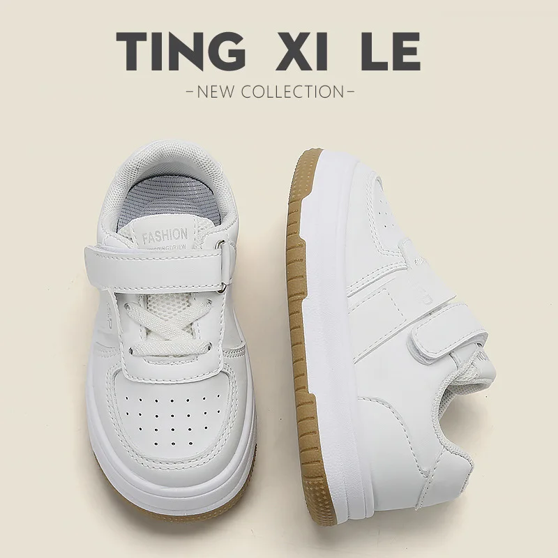

Children Spring Autumn Solid Color Velcro Sneakers Boys Soft Soled Casual White Shoes Girls Lightweight Non Slip Board Shoes