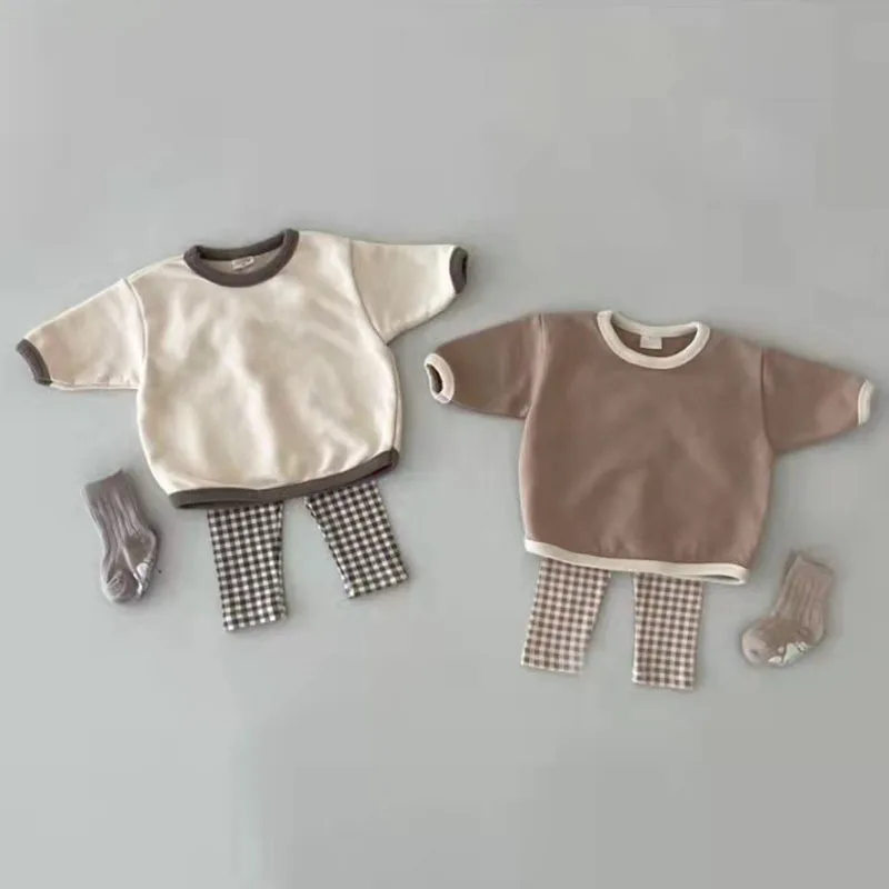 

2025 Autumn New Baby Long Sleeve Clothes Set Infant Girl Solid Simple Sweatshirt + Plaid Pants 2pcs Suit Toddler Boys Casual Set