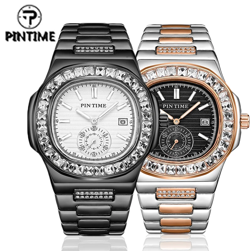 

PINTIME Top Brand Men Quartz Watch Full Diamond Stone Case Side Hip Hop Rhinestone Date Chronometer Popular Item Six Colors