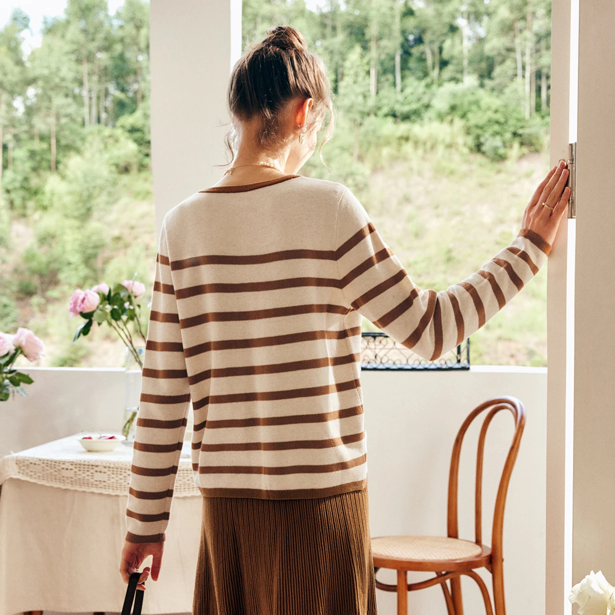 Olrain listrado malha cardigan mulher manga longa topos 2025 outono inverno malhas feminino cor-bloco camisola jaqueta o22qm63669