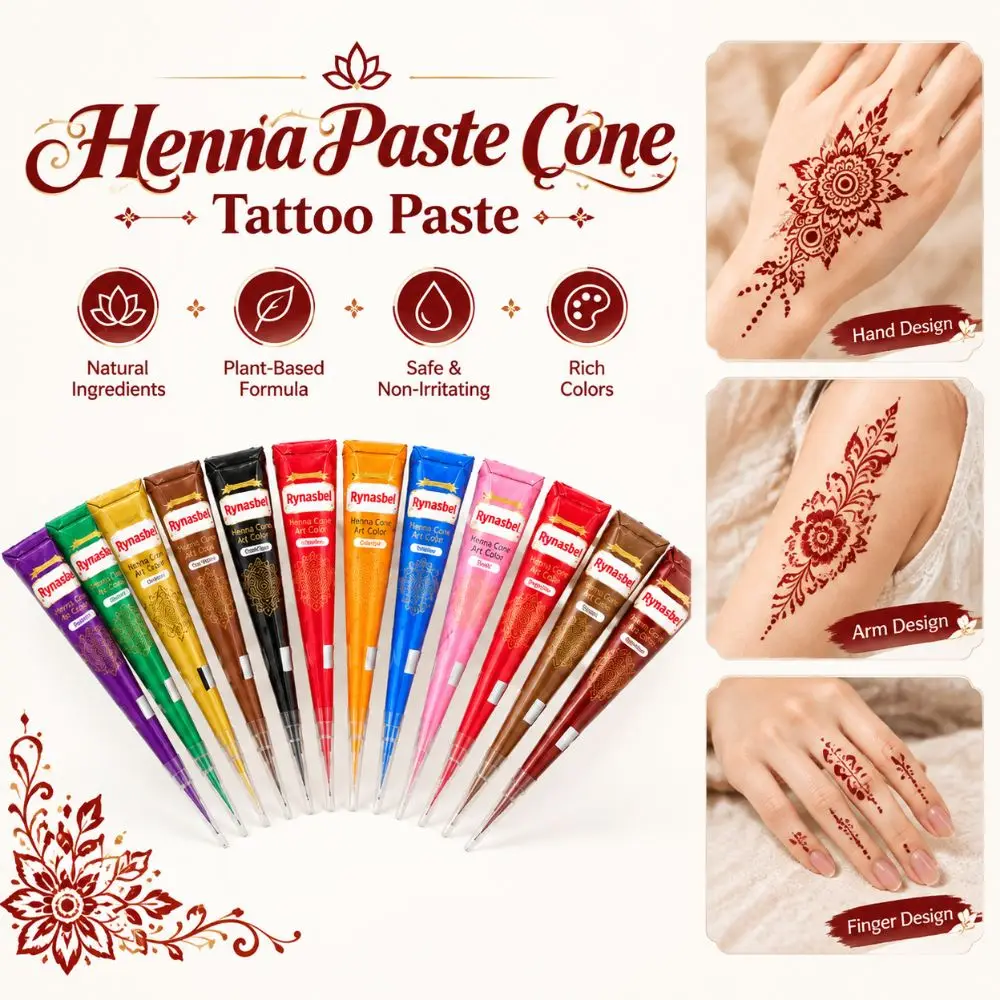 Waterproof Henna Paste Cone Tattoo Paste Multiple Colors Long Lasting Mehndi Body Art Ink Fine Tip Cone Temporary Tattoo