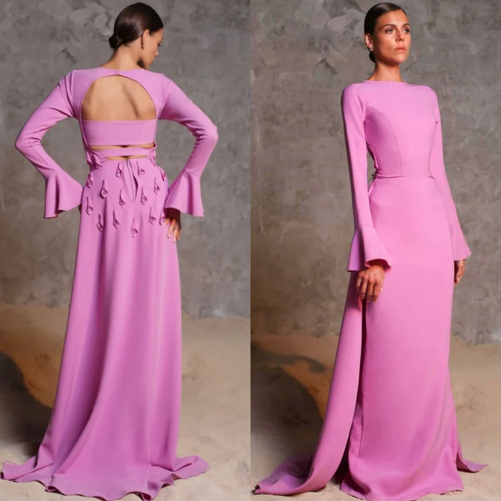 

Customized Mermaid Formal Pink Jersey Evening Dress Classic O-Neck Long Sleeves Homecoming Dresses Temperament Party Gowns