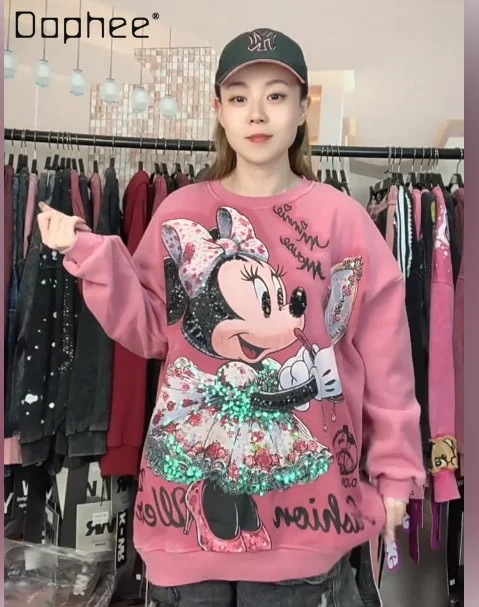 

Autumn Winter Fleece Heavy-duty Rhinestone Lipstick Minnie Cartoon Loose Fashion Thickened Crew Neck Sweatshirt for Women