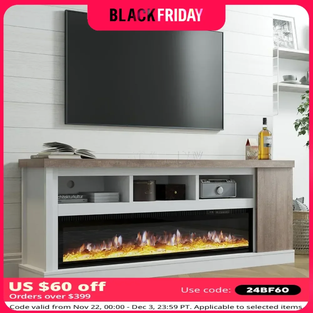 75” Fireplace TV Stand with 60” Electric Fireplace  for TVs Up To 85”, Wood Grain TV Entertainment Stand