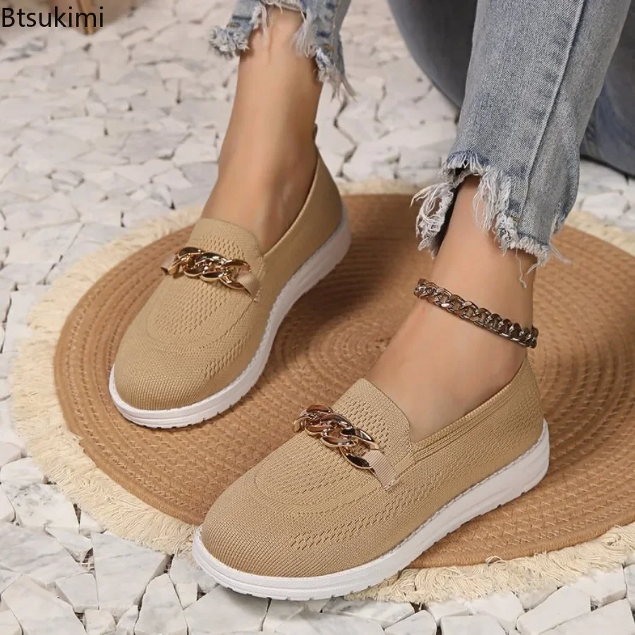 2025 Women's Chain Decor Flats Fashion Round Toe Shallow Loafers Casual Shoes Breathable Comfy Sneakers New Ladies Walking Shoes