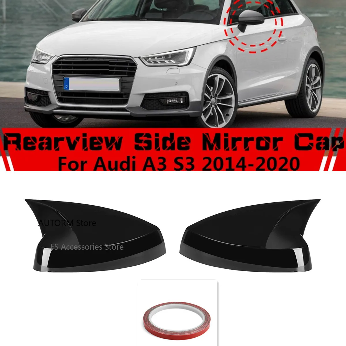 Par espelho capa tampa preto brilhante espelho retrovisor caso capa para audi a3 s3 8v rs3 2013 2014 2015 2016 2017 2018 2019