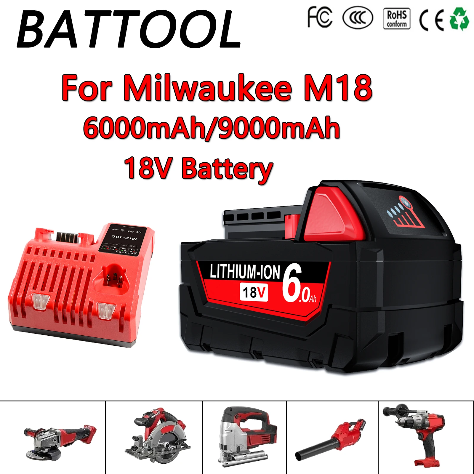 

BATTOOL 18V 6000mAh/9000mAh Rechargeable Batteries Charger For Milwaukee M18 XC 48-11-1860 48-11-1850 48-11-1840 48-11-1820