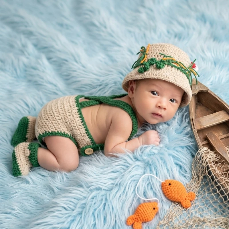 Newborn Photography Props Cute Fisherman CostumeHandmadeCrochet Baby Outfit HatOveralls Booties Set Infant PhotoShooting Knitted