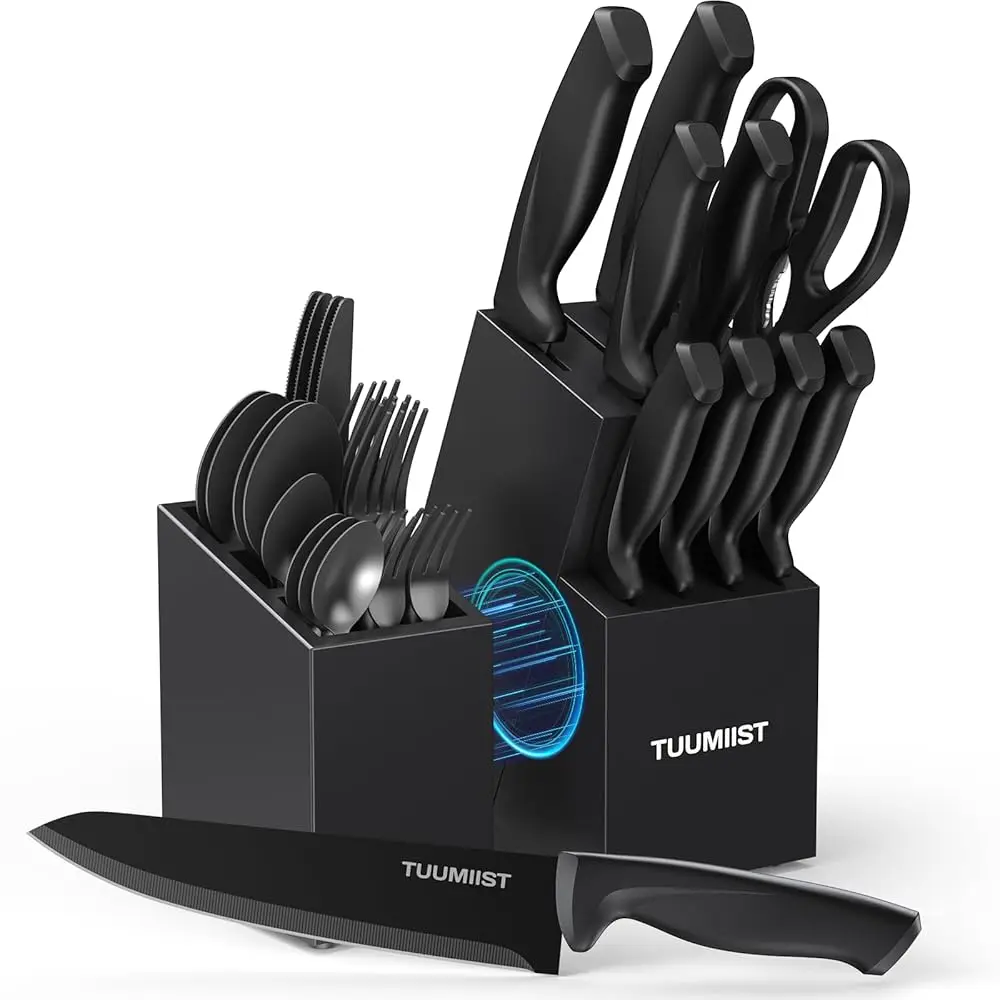 

32-Piece Knife Set With Block, Sharpener, Silverware Set, And Removable Magnetic Utensil Holder (Black) - Precision Cutting And