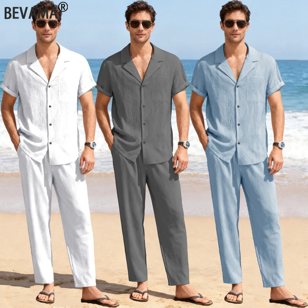 Men Beach Short Sleeve Shirt Pants Set Summer Casual Ice Silk Polo Shirt Long Pants 2-Piece Set Trendy Daily Male Suit