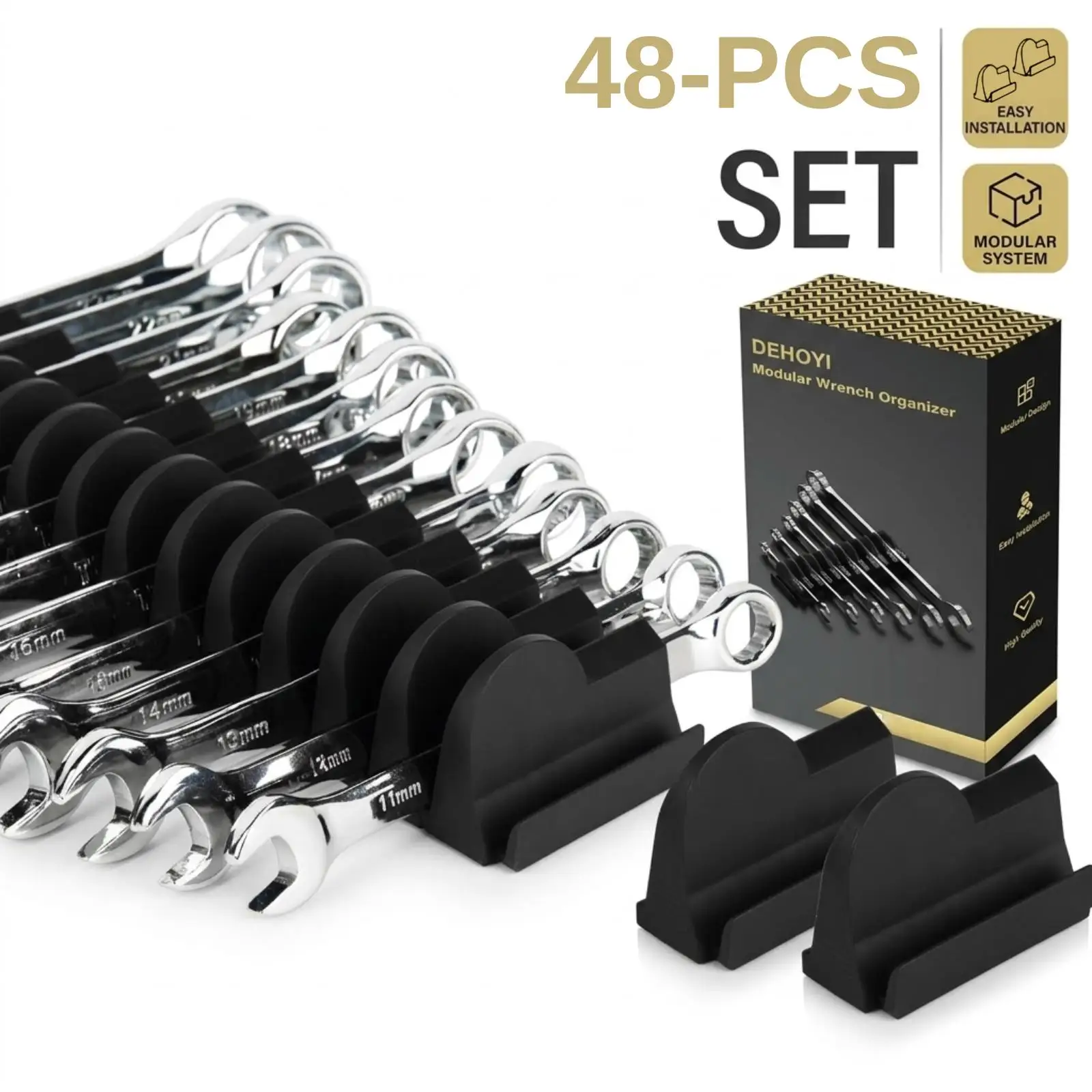 48Pcs Modular Wrench Organizer Tool Drawer Storage Rack with Metric SAE Labels Multifunctional Non-Magnetic Wrench Holder Tray for Garage Mechanic Workbench Hand Tool Accessories Gifts for Men