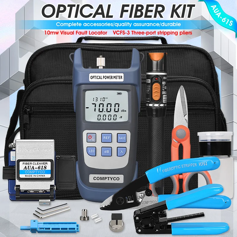 

FTTH Fiber Optic Cold Splicing Kit Set 3-Port Nomiller Pliers AUA-61S Cutting Knife Red Light Pen Optical Power Meter