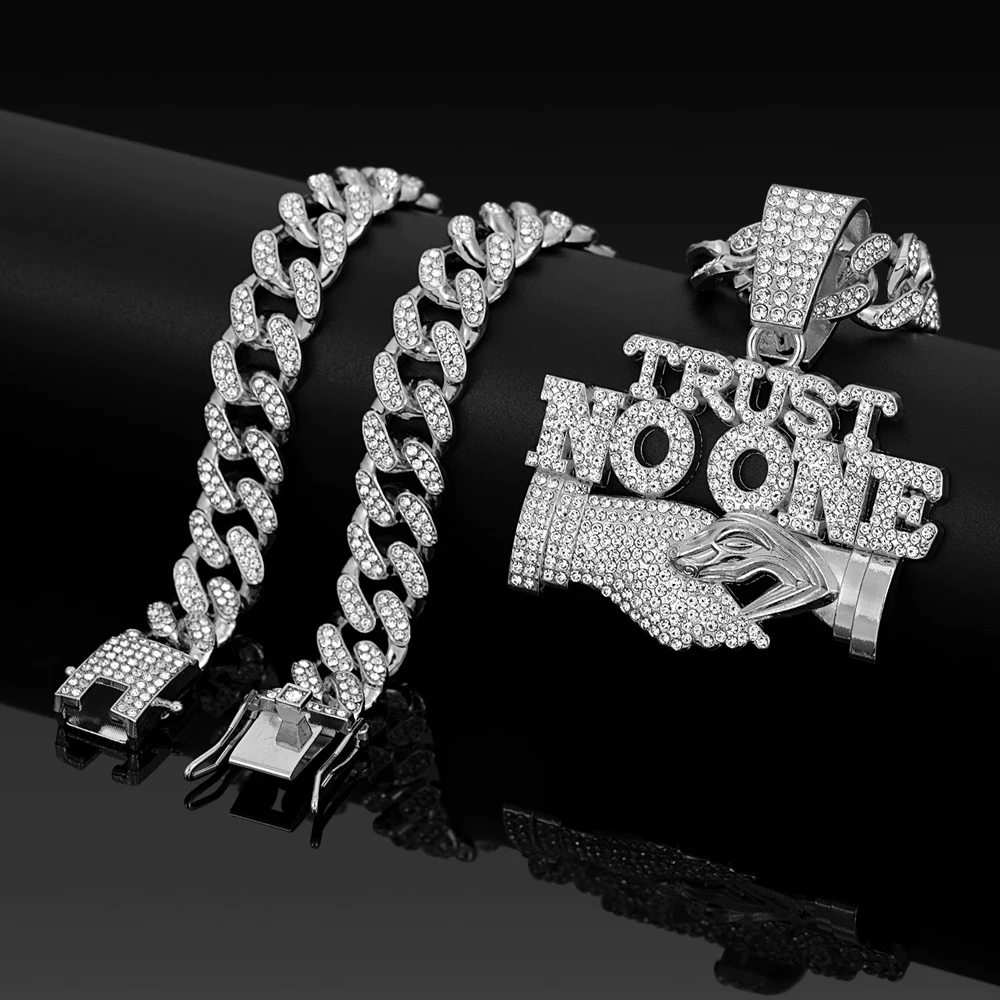 Men's Hip Hop Trust NO One Letters Pendant Necklace with 13mm Cuban Chain Ice Crystal Sparkling Handshake Necklace Jewelry Gifts