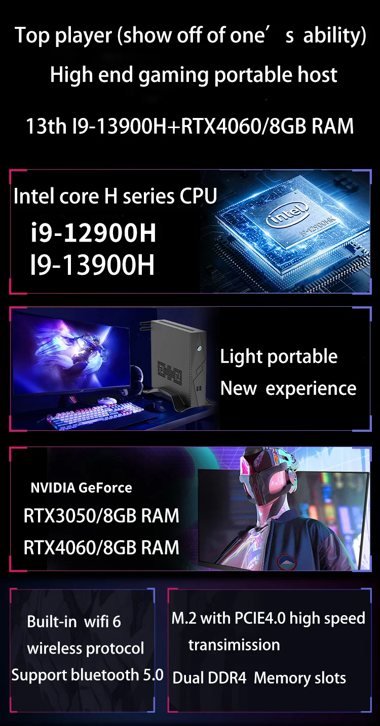 Mini computer da gioco Intel I9 13900H/12900H I7 13700H di 13a generazione con RTX4060 RTX3050 8G RAM Mini PC da gioco Desktop Barebone WiFi6