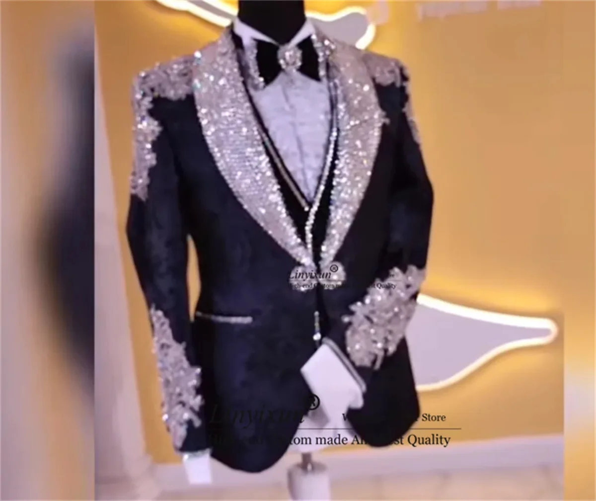 Cristalli di perline di lusso Abiti da uomo Smoking da sposo personalizzati Set da 3 pezzi Maschile Party Prom Blazer Cena di nozze vestido de novia