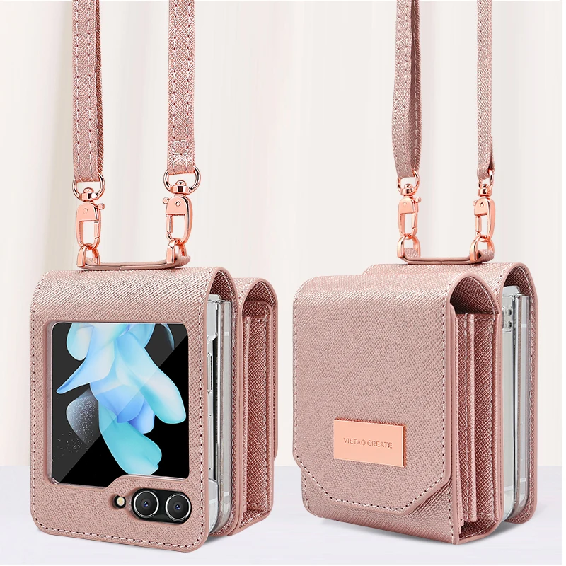 VIETAO-funda de cuero PU para tarjetas bancarias, billetera para teléfono con cordón cruzado, Compatible con Samsung Galaxy Z Flip7 6 Flip5 Flip4 Z3