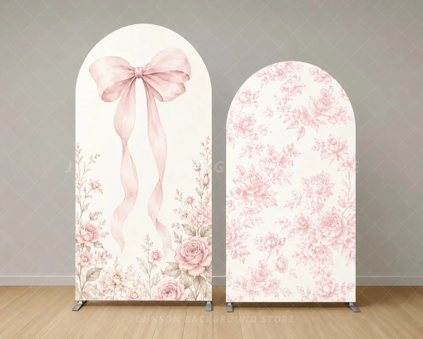 Pink Bow Floral Double Arch Backdrop Cover Watercolor Rose flower Coquette Theme Baby Shower  Girl Party Event background