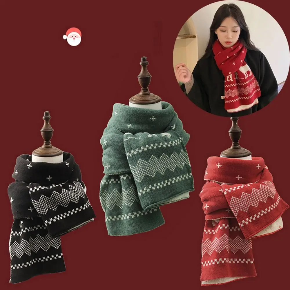 Fashion Christmas Pattern Long Scarf Printed Snowflake Knitted Red Scarf Winter Warm Double-sided Neckerchiefs for Outdoor