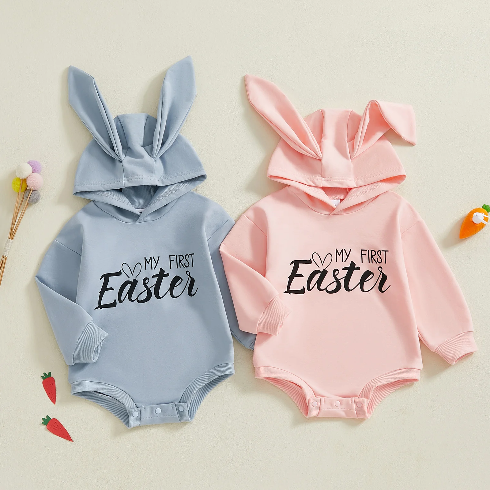 

Cute Baby Easter Romper Costume Spring Long Sleeve Letter Print Hooded Bodysuit Newborn Bunny Playsuit with Rabbit Ears