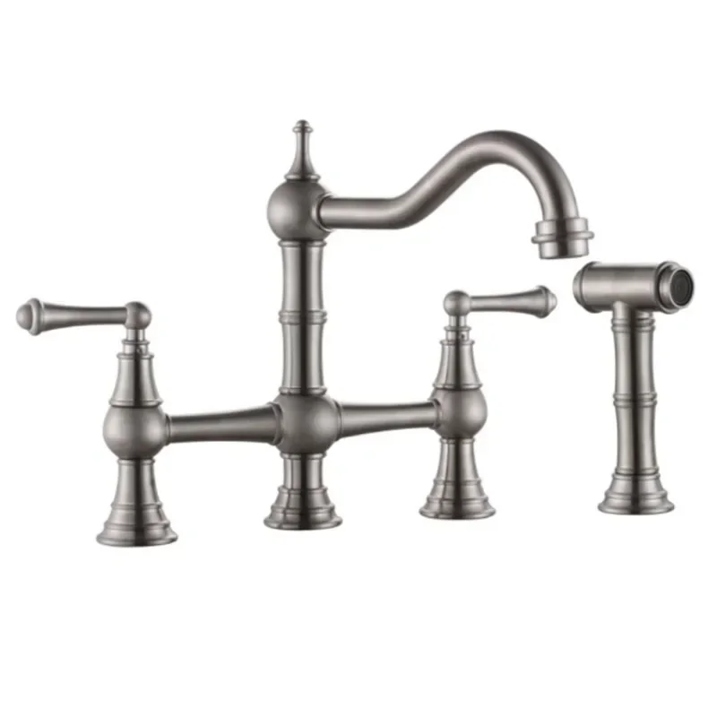 Lead-Free Two-Handle Bridge Kitchen Faucet with Matching Spray brushed nickel