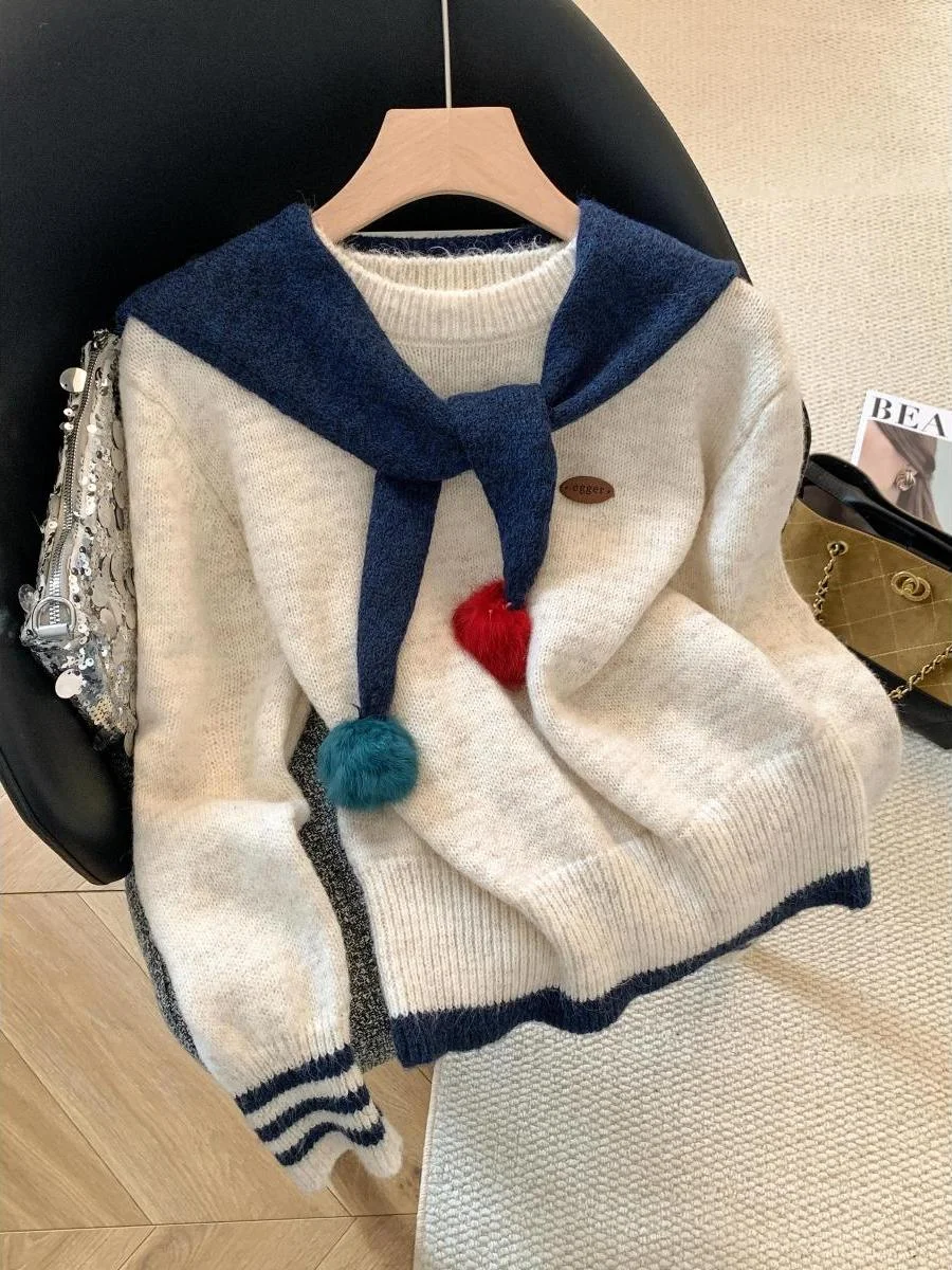 

Contrasting Color Shawl Two-piece Sweater Lazy Style Sweet Knitted Top Korean Spring Autumn Round Neck Long Sleeved Pullover