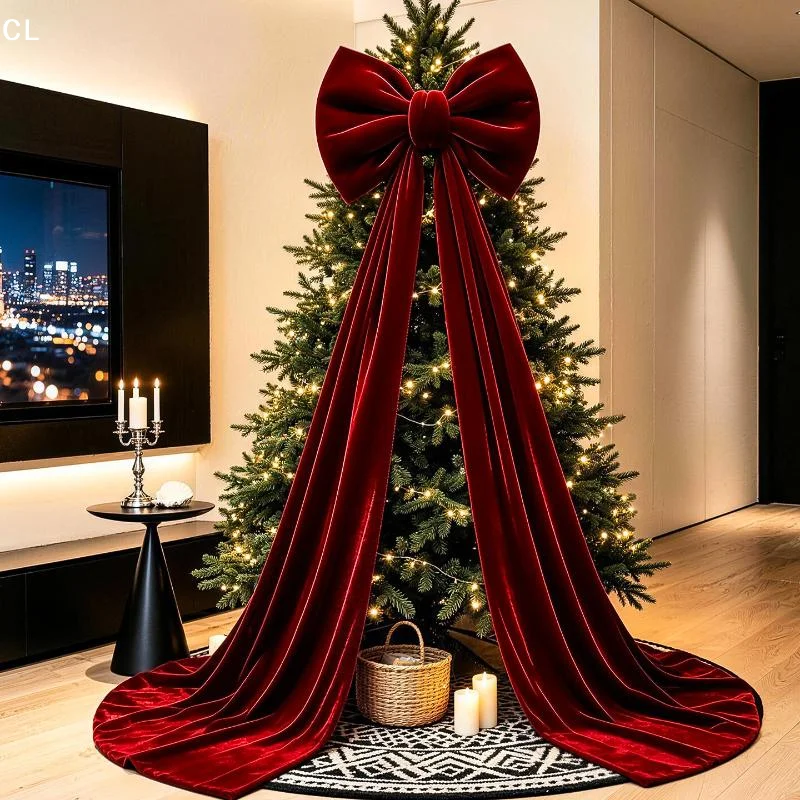 Solid Color Large Velvet Christmas Bow Long Streamers Soft Draping Tree Bow With Long Tails Wrinkle Resistant Elegance