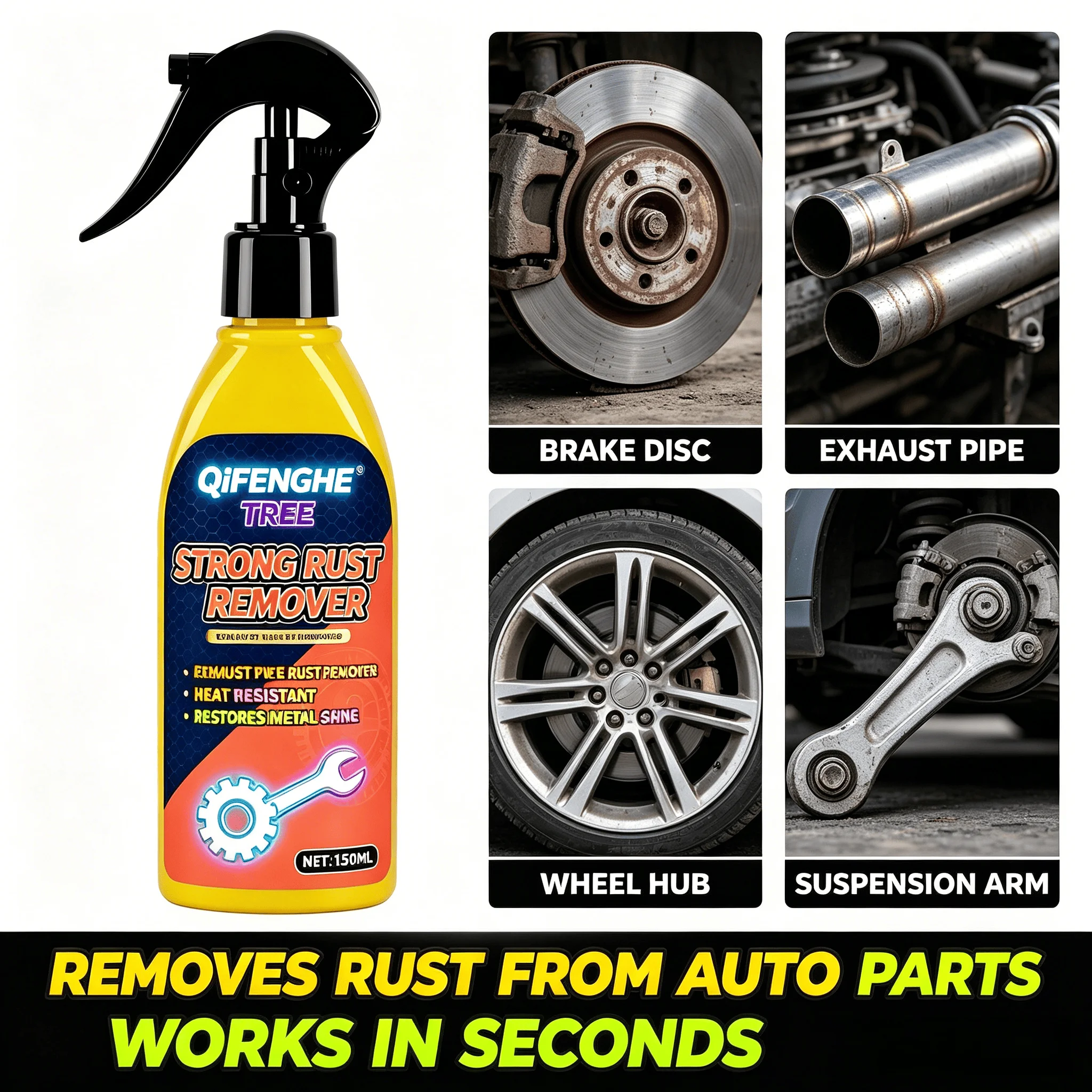 QiFENGHE® Strong Rust Remover Spray for Car Brakes Rotors Calipers Remove Rust and Corrosion Auto Tool 150ML