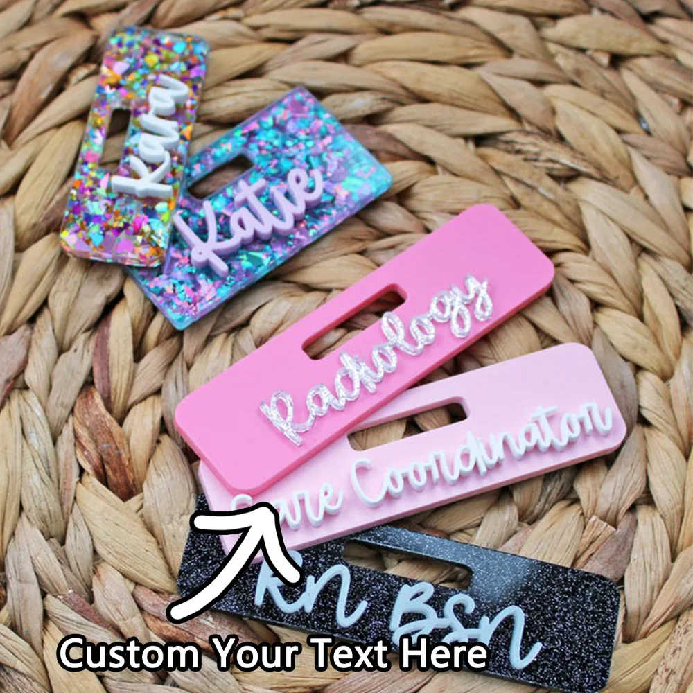 Custom acrylic name badges, with elegant fonts and glittery sequins embellishing the personalized collars, suitable for nurses,
