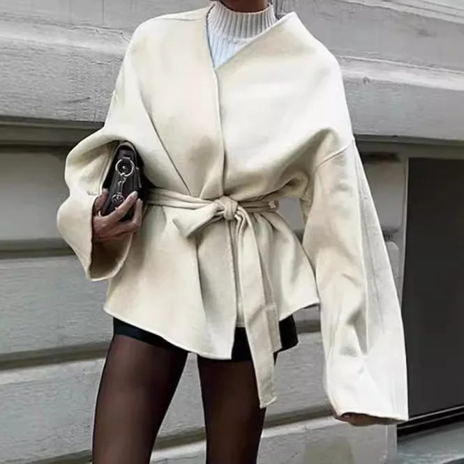 Elegant V-neck Long Sleeve Jacket Fashion Solid Color Lace-up Wool Jacket Belt Women 2025 Autumn Winter Sheepskin coat for women