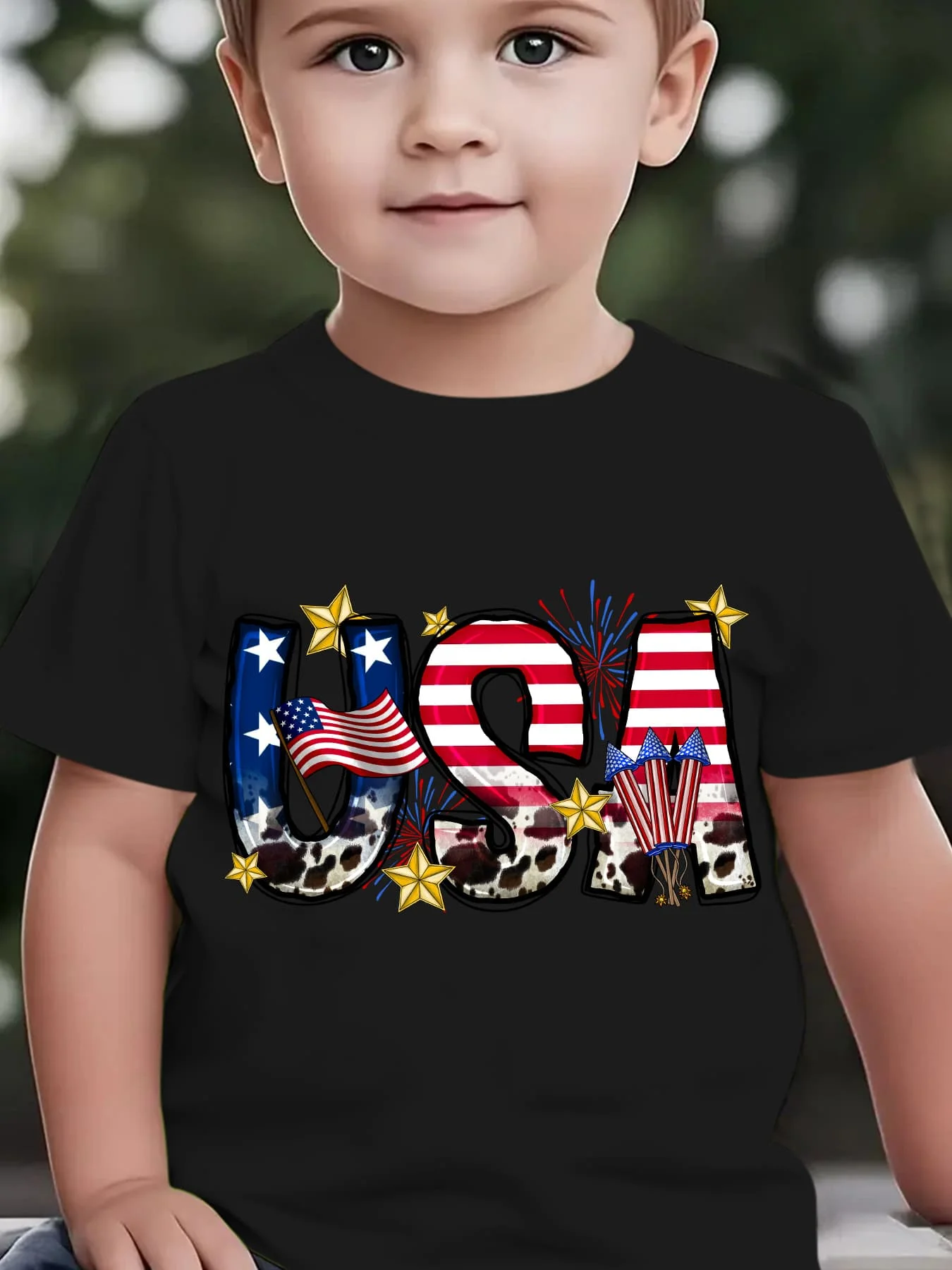 Cow Print USA Flag Star Firework Letter Print Family Matching Cotton Tees Short Sleeve Tops For Mom Dad Boys Girls Daily Wear