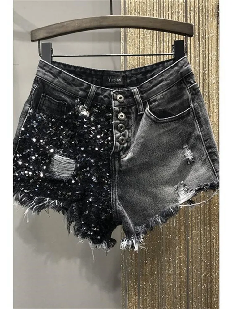 Summer Sequin Denim Shorts Women\'s High Waist Large Size Hole Fashion Patchwork Shorts Girls High Street A-line Hot Pants